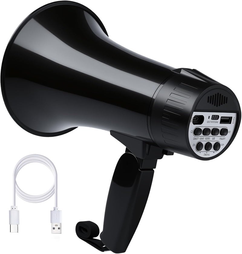 MGROLX 20 Watt Rechargeable Megaphone Bullhorn with Siren and 240s Recording, BT and USB Input, Megahone Speaker with Power Display and Portable Strap (Black) - Image 1
